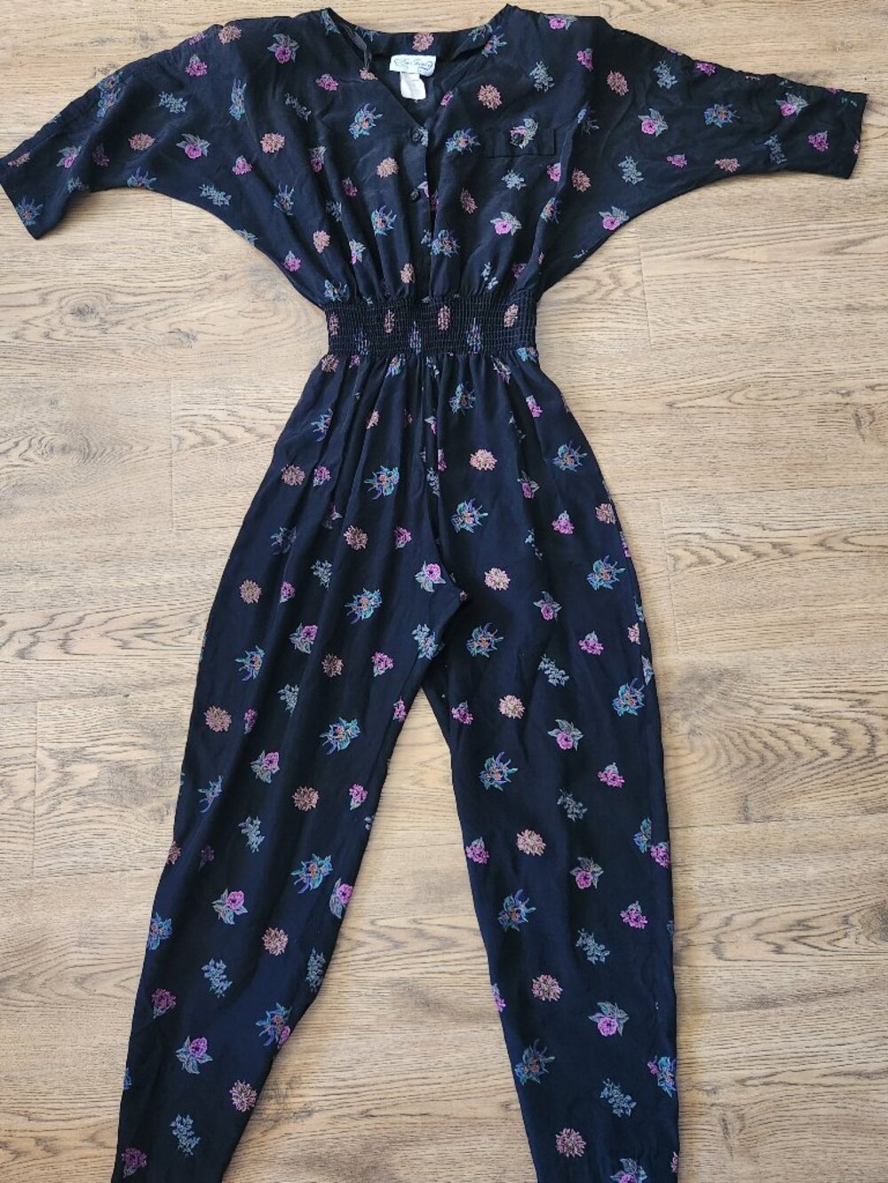 Vtg 80s/90s En Focus black Floral Jumpsuit Sz 11/12